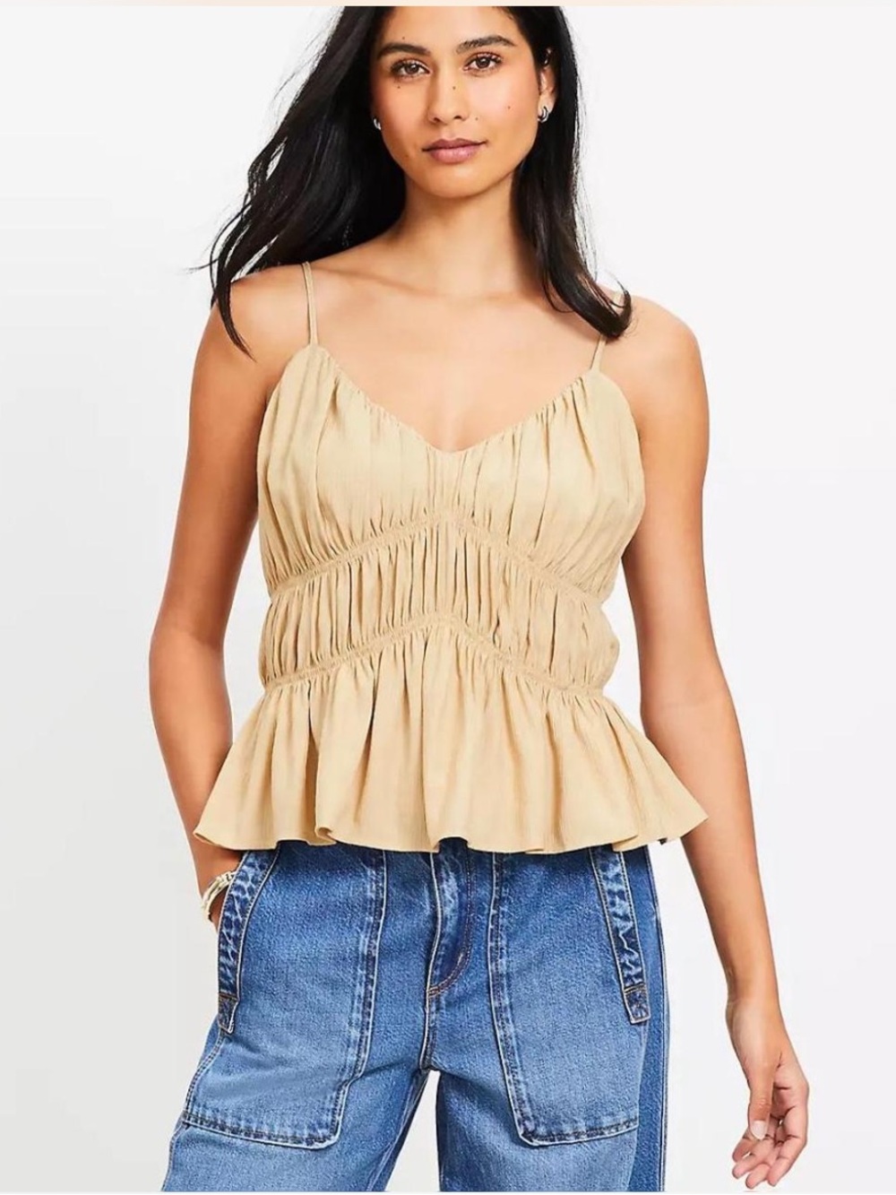 Women’s Beige Ruched Peplum Cami Top